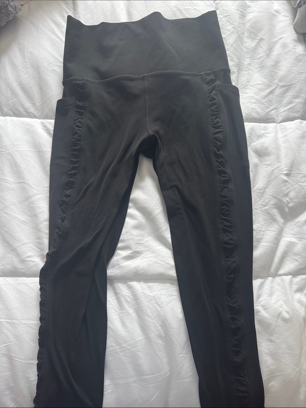 Athleta Black High-Waist Leggings with Side Ruffle Trim